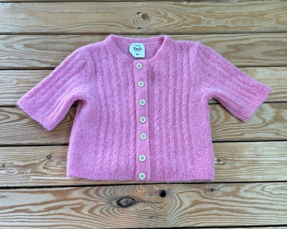 Tach NWOT Women’s Button Front Short Sleeve Alpaca Wool Cardigan Size XS Pink F1